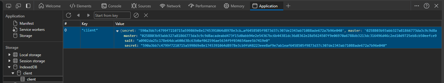 An image showing Microsoft Edge's Devtools with the stored encrypted state